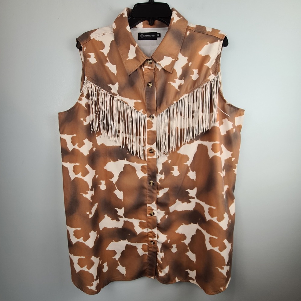 Merigold Kiss Womens 3X Cow Print Fringe Western Sleeveless Button Up Top Brown